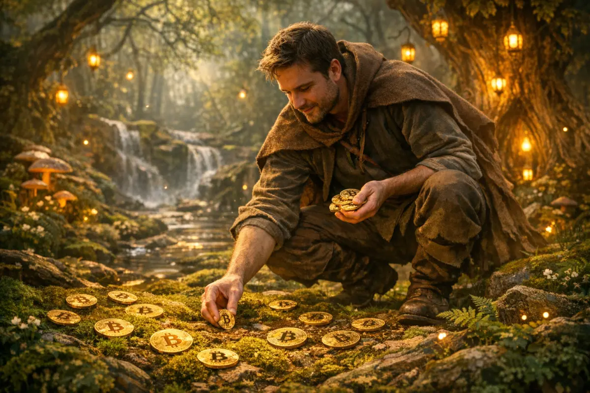 16:9 image that shows a man picking up bitcoins from the ground in a fairy wood