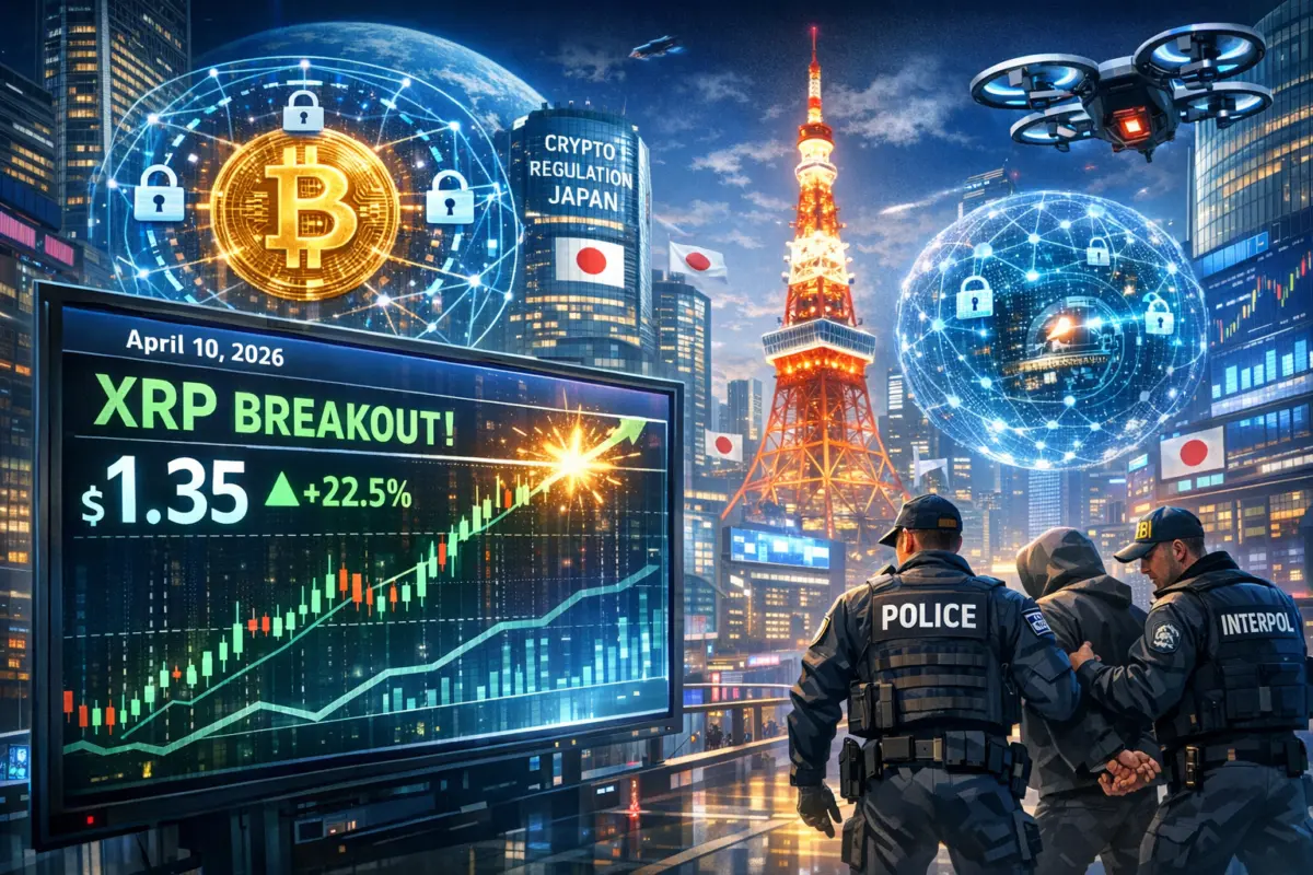 Visualize a dynamic scene representing the cryptocurrency market on April 10, 2026. The foreground highlights a digital trading screen displaying XRP breaking through the $1.35 mark, symbolizing a technical breakout. In the background, a futuristic cityscape of Tokyo showcases Japan's progressive stance on crypto regulation, with sleek, modern architecture and screens displaying financial data. Integrate elements of quantum technology, like holographic representations of secure Bitcoin transactions, emphasizing innovation and security. Additionally, depict a collaboration between international authorities with visuals of law enforcement in action against crypto crime. The overall atmosphere should be vibrant and optimistic, reflecting the evolving landscape of digital assets. Use a blend of futuristic and realistic styles to convey a sense of advancement and opportunity in the crypto world.