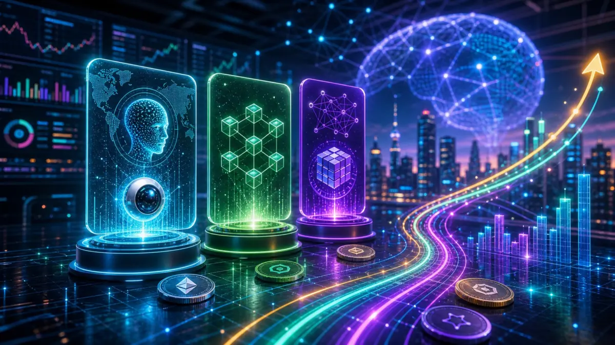 Symbolbild: AI-Coins mit holografischen Datenkarten, Netzwerk und steigenden Marktpfaden