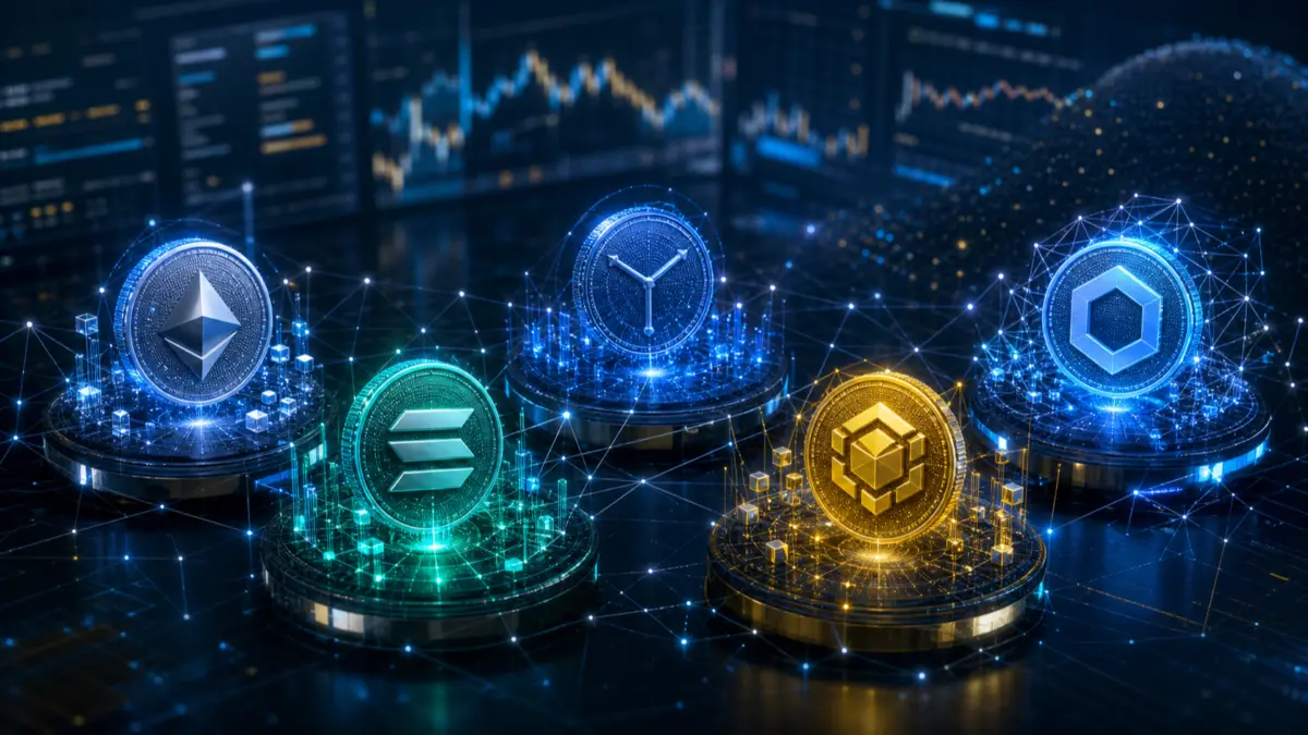Symbolische Darstellung von fünf wichtigen Altcoins als digitale Asset-Cluster in einem Kryptomarkt-Umfeld.