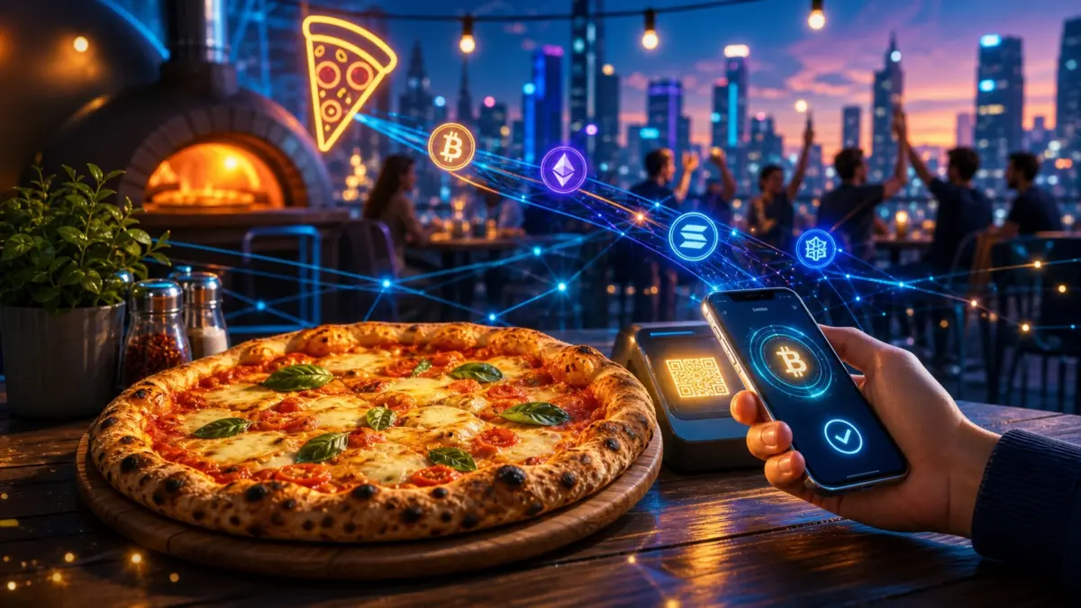 Symbolbild: Bitcoin Pizza Day mit Pizza, Wallet-Zahlung und farbiger Krypto-City