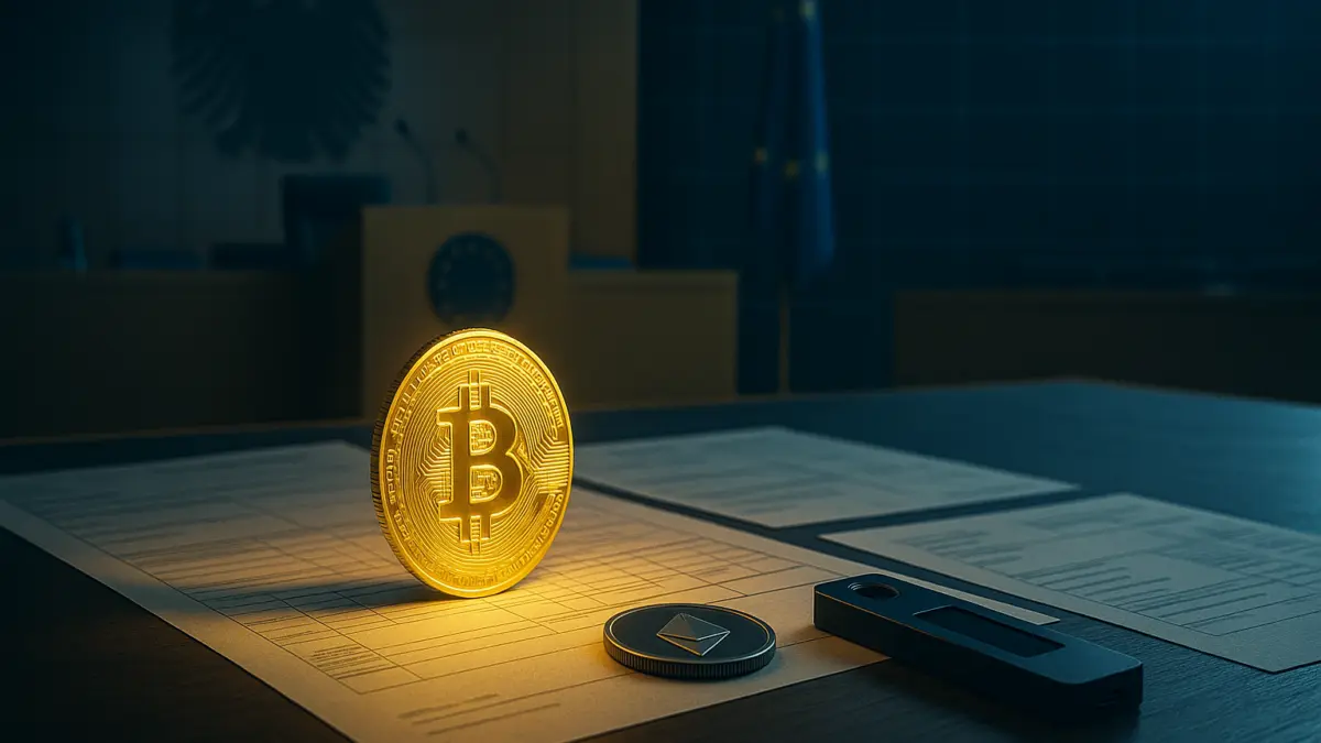 Symbolische Darstellung von Kryptosteuer, Bundestagsdokumenten, Bitcoin und regulatorischer Kontrolle.