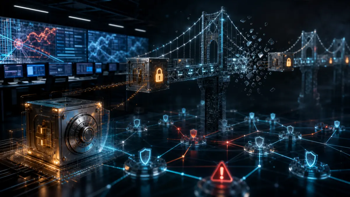 Symbolische Darstellung von DeFi-Sicherheit, Cross-Chain-Brücken, Smart-Contract-Vaults und Blockchain-Überwachung.