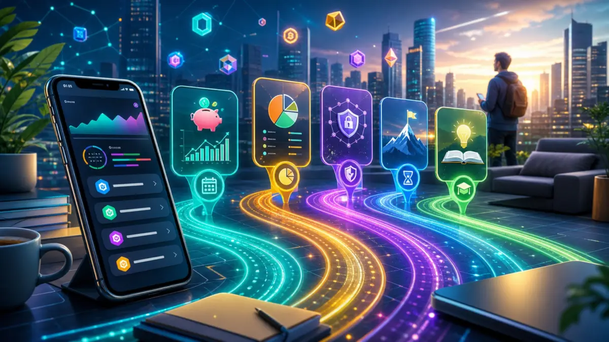 Symbolbild: farbige Krypto-Strategiepfade mit Wallet-App, Stadt und Lernsymbolen