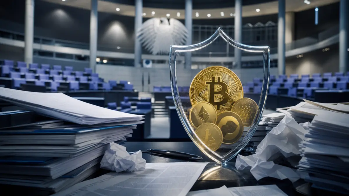 Symbolische Darstellung einer Bundestagsdebatte zur Kryptosteuer mit Bitcoin, Steuerunterlagen und Schutzschild.