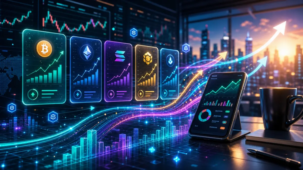 Symbolbild: farbiger Kryptomarkt mit steigenden App-Karten, Charts und Wallet-Dashboard