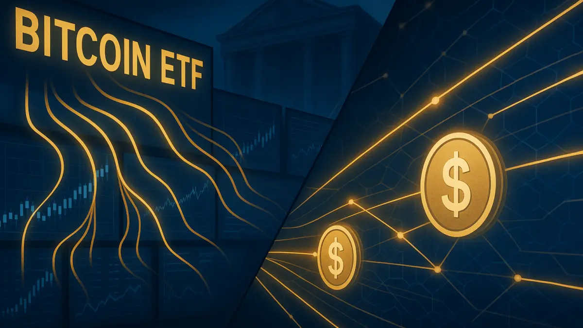 Editoriale Kryptomarkt-Illustration mit Bitcoin-ETF-Kapitalflüssen, Stablecoin-Zahlungsschienen und Zentralbank-Silhouette als Hinweis auf CBDC-Druck.