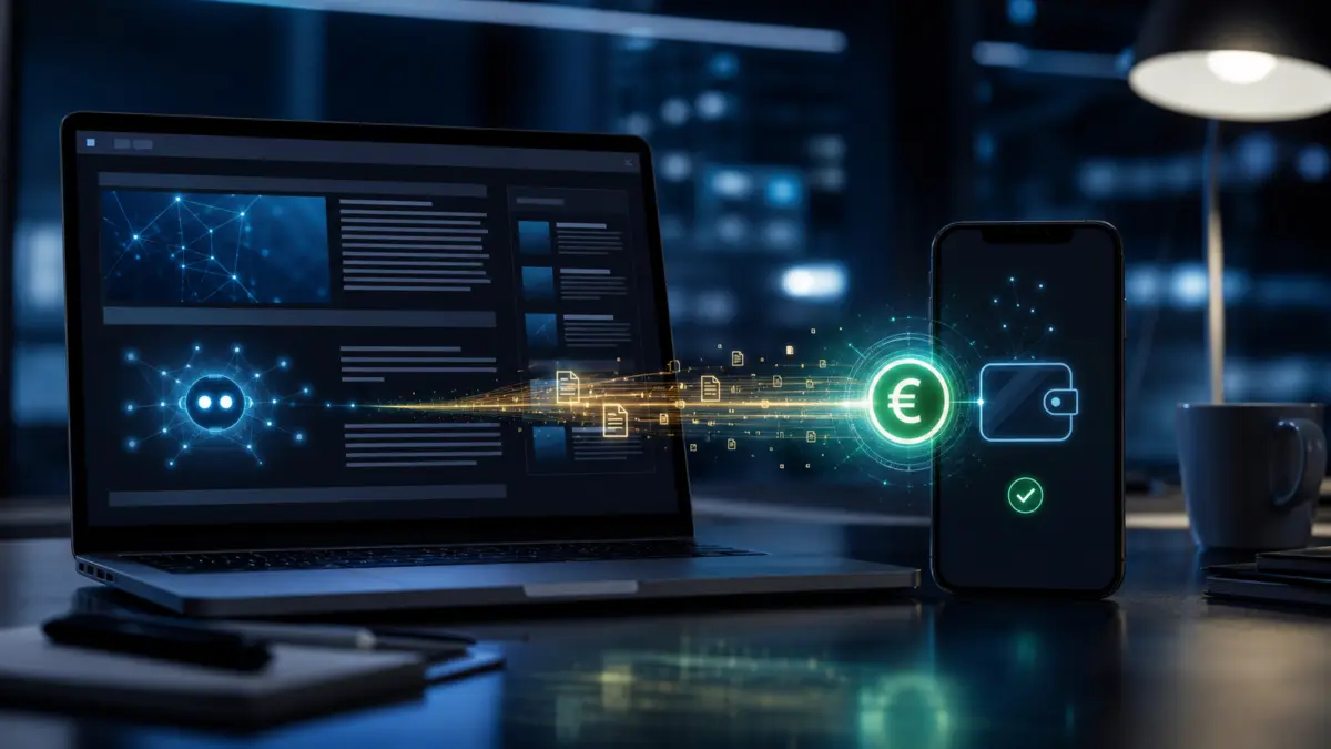 Laptop mit maschinenlesbarem Medieninhalt und Smartphone-Wallet mit Euro-Stablecoin-Symbol