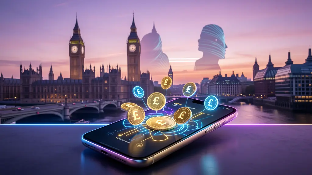 Londoner Finanzszene mit Smartphone-Wallet und digitalen Pfund-Stablecoins als Symbol für neue Stablecoin-Regeln