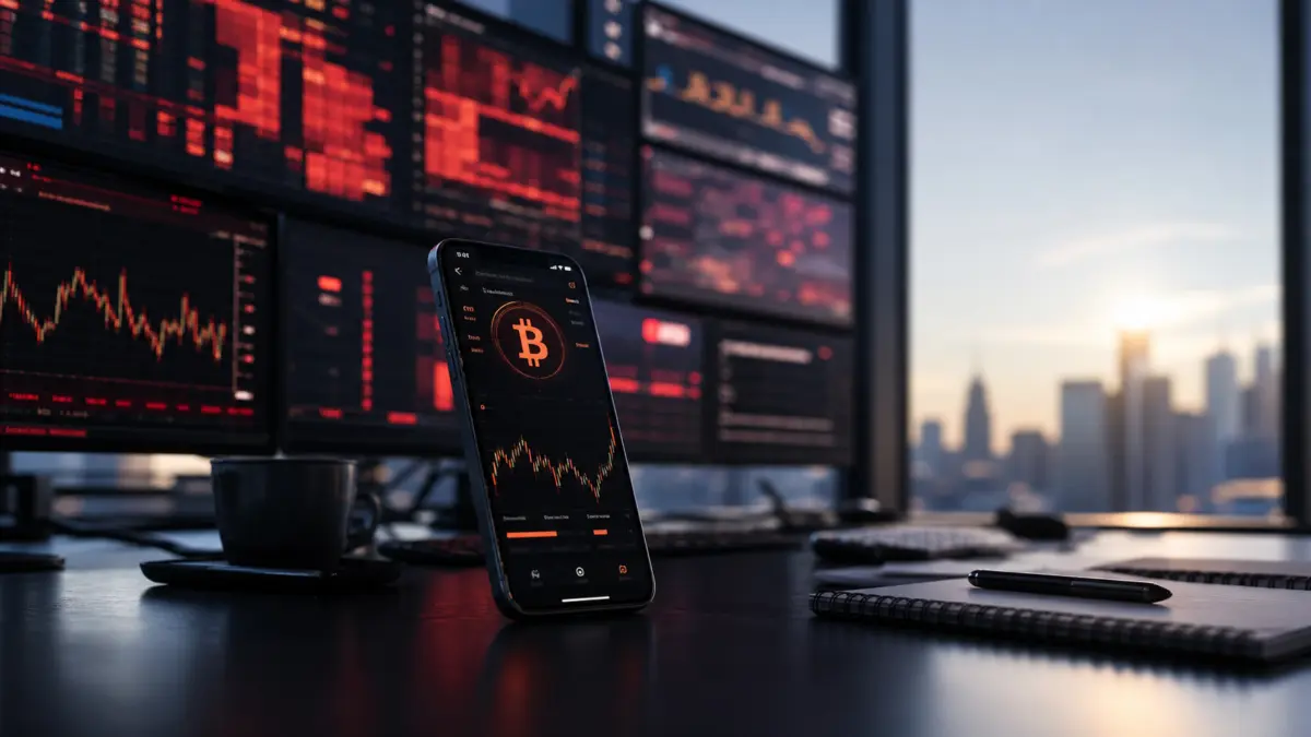 Smartphone mit Bitcoin-Chart vor roten Handelsmonitoren