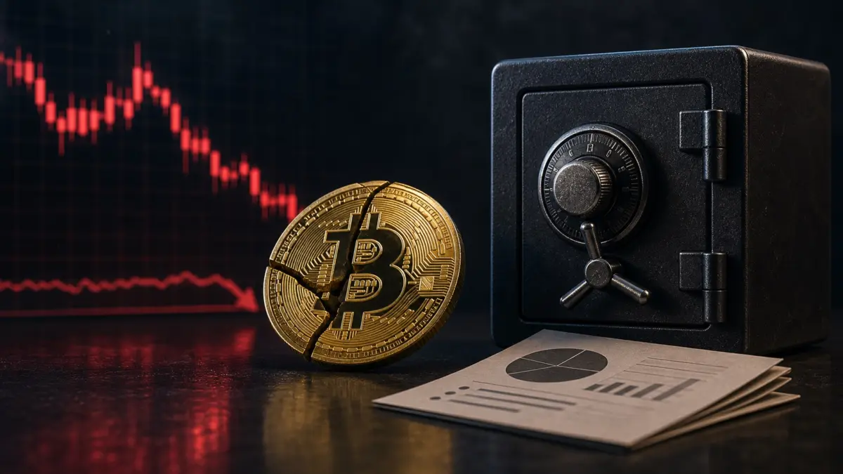 Symbolbild: gebrochener Bitcoin vor Tresor und fallendem Kurschart