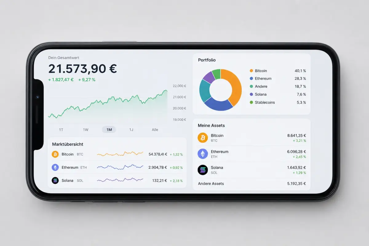 Nahaufnahme eines Smartphones mit einer übersichtlichen Investment-App für ETFs und Kryptowährungen