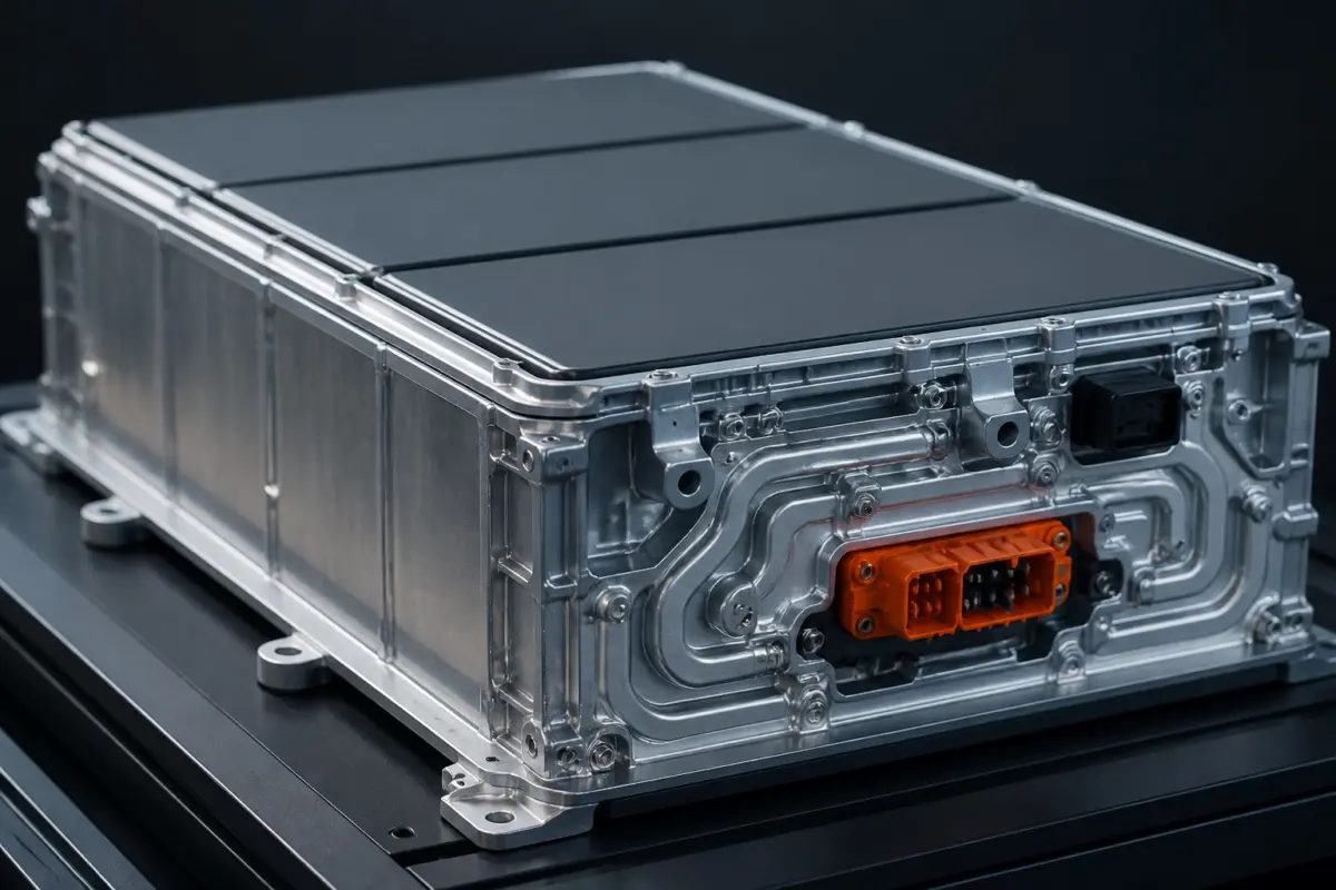 Fotorealistische Nahaufnahme eines einzelnen Batteriepakets für ein Elektrofahrzeug