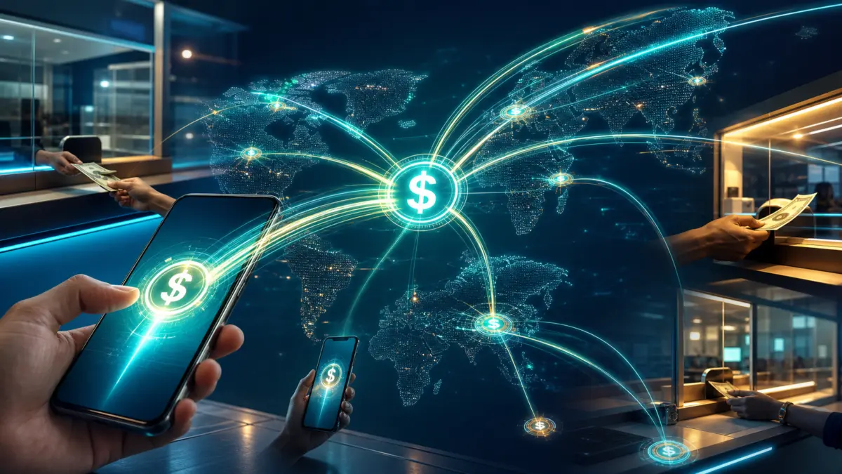 Symbolbild: Smartphone-Wallet verbindet digitale Dollar über ein globales Zahlungsnetz mit realen Auszahlungsstellen