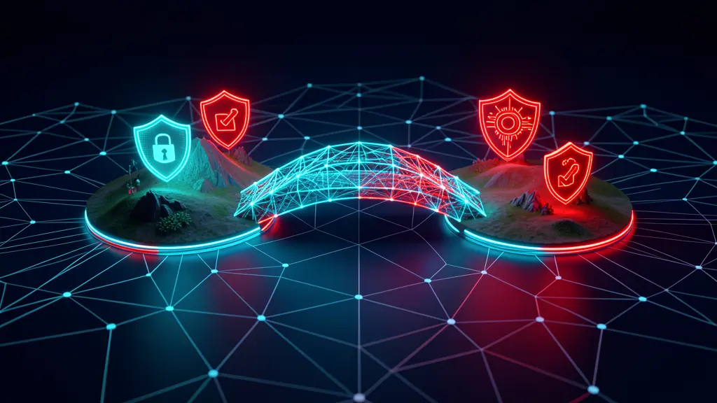 Digitale Blockchain-Brücke mit Sicherheitswarnungen als Symbol für DeFi- und Bridge-Risiken