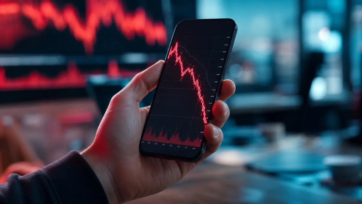 Smartphone mit stark fallendem Kryptomarkt-Chart