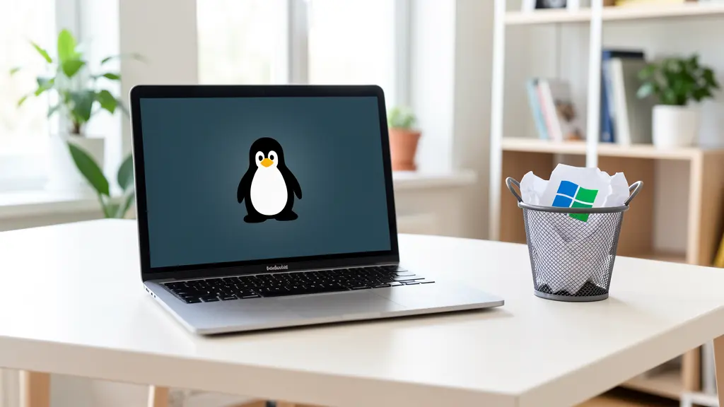 Laptop mit Linux-Symbol auf dem Bildschirm und Windows-Symbol im Papierkorb als Symbol für den Umstieg auf Linux