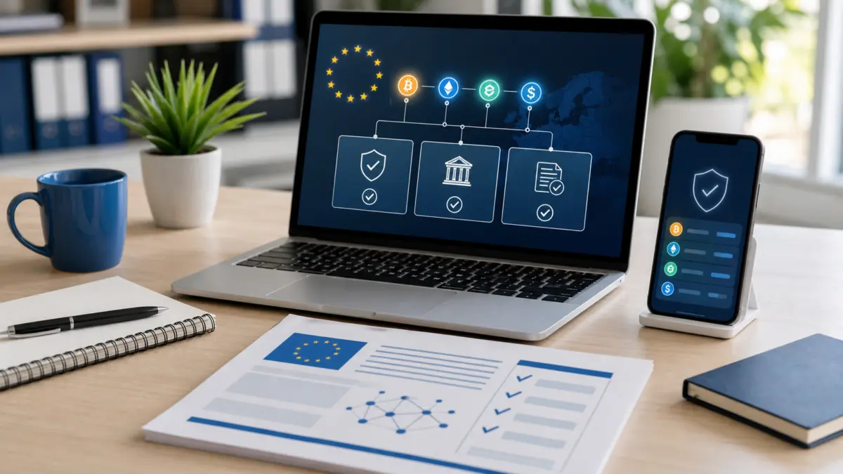 Laptop mit Krypto-Regulierungsübersicht, Wallet und EU-Dokument