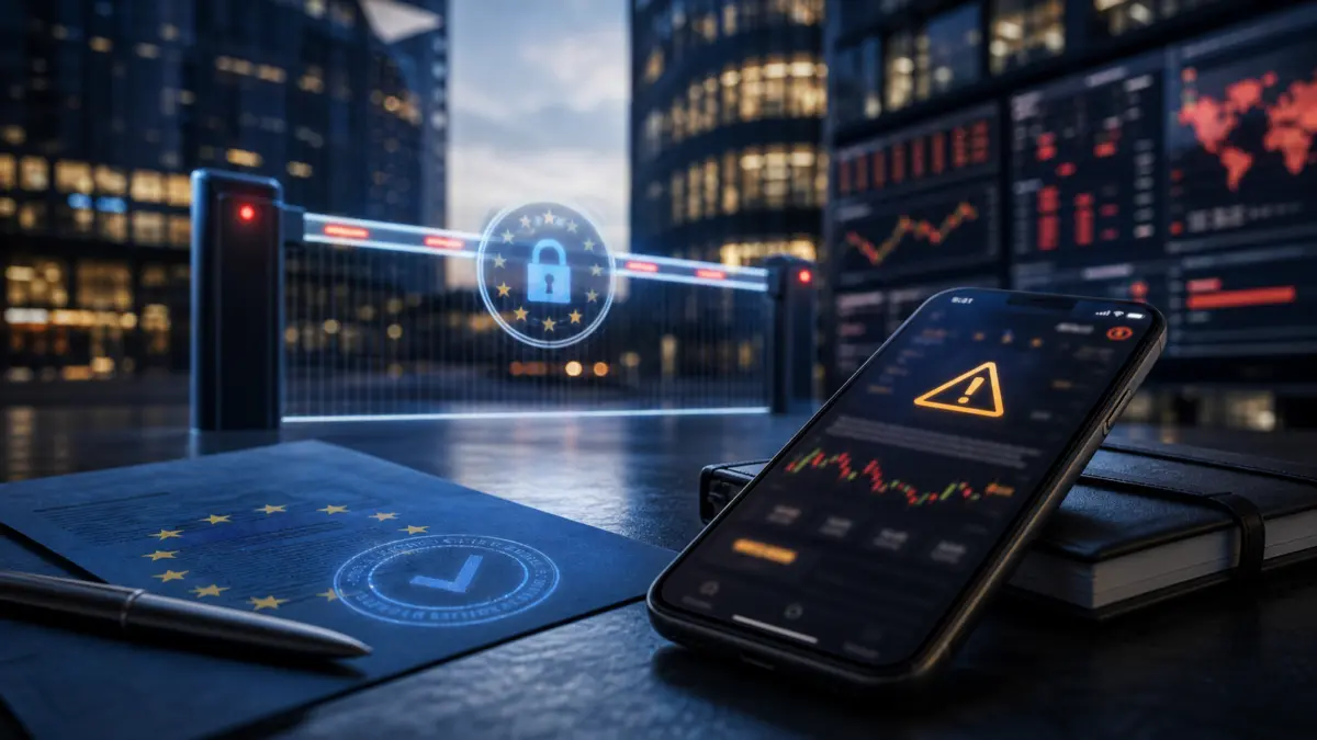 Smartphone mit Krypto-Warnsymbol vor digitalem EU-Regulierungstor
