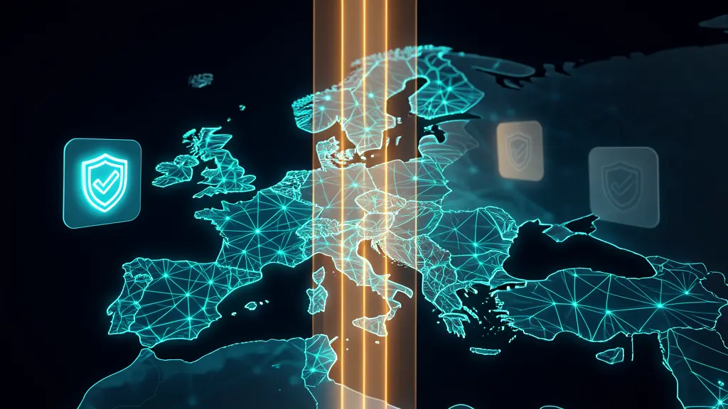 Digitale Europakarte als Netzwerk mit leuchtender Regulierungs-Schwelle, Symbol fuer den MiCA-Stichtag 1. Juli 2026