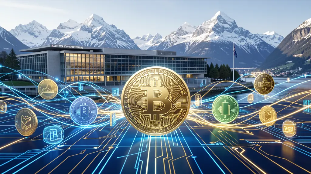 Zürich Kongresshaus mit abstrakten digitalen Stablecoin- und Tokenisierungs-Netzwerken als Symbol für das Point Zero Forum 2026
