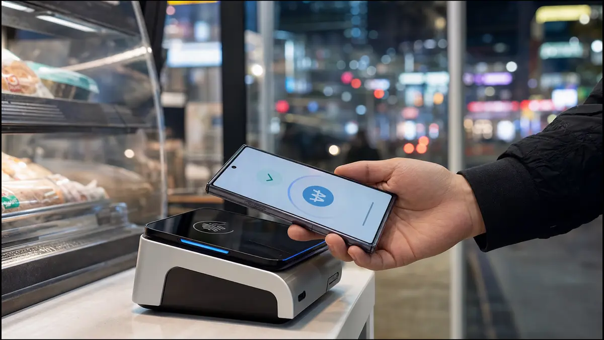 Kontaktlose Zahlung mit einem Smartphone an einer Ladenkasse in Seoul