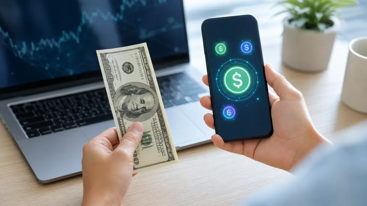 Hand mit Dollar-Schein neben Smartphone mit digitalen Dollar-Symbolen