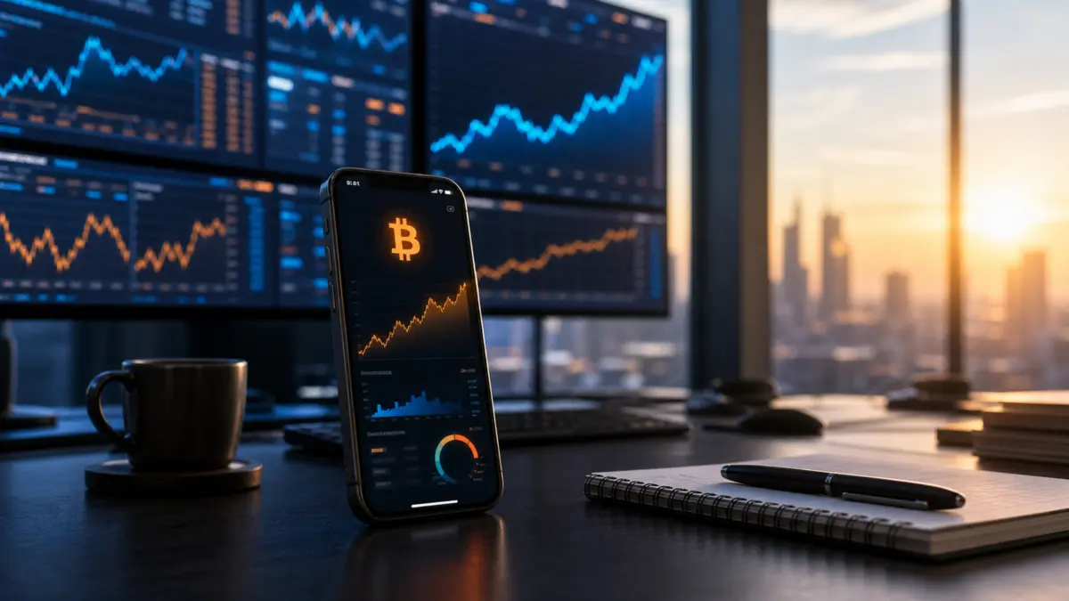 Smartphone mit Bitcoin-Anzeige vor steigenden Marktdiagrammen bei Sonnenaufgang