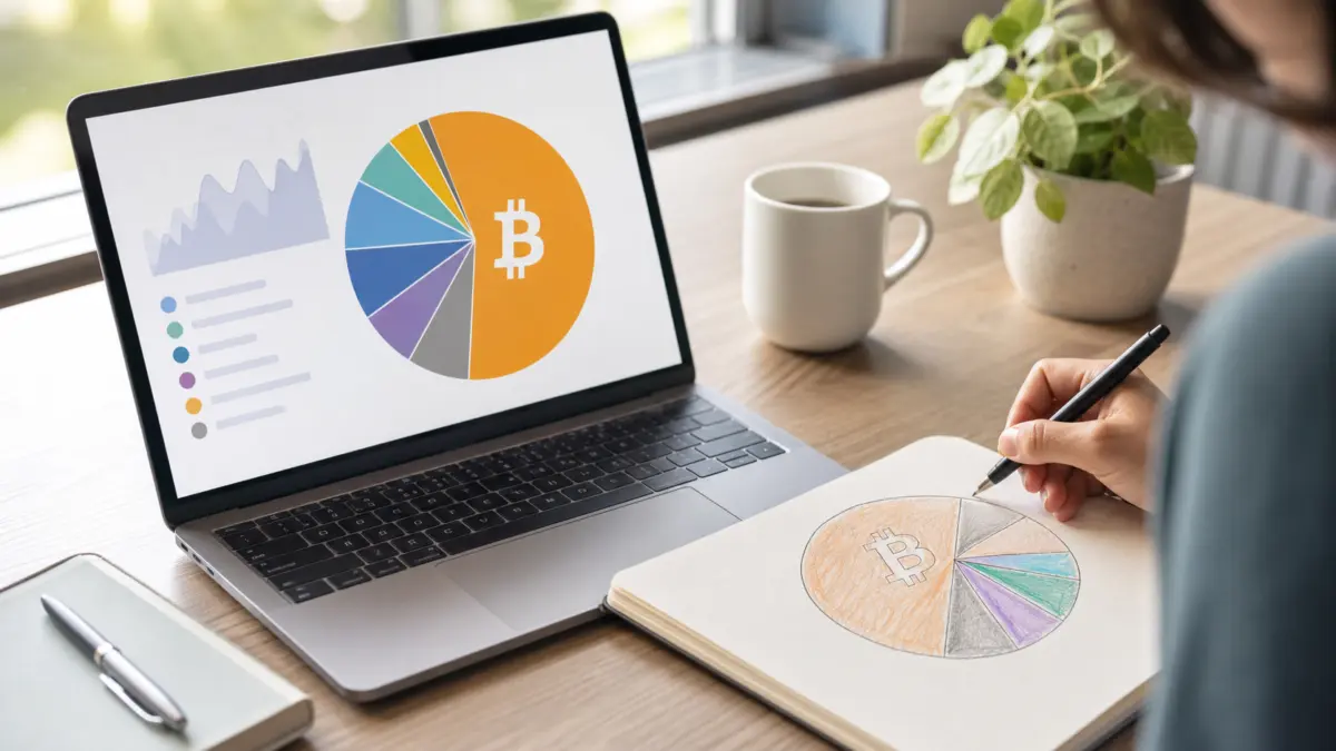 Anfängerfreundliche Darstellung einer Bitcoin-Dominanz als Kreisdiagramm auf Laptop und Notizbuch