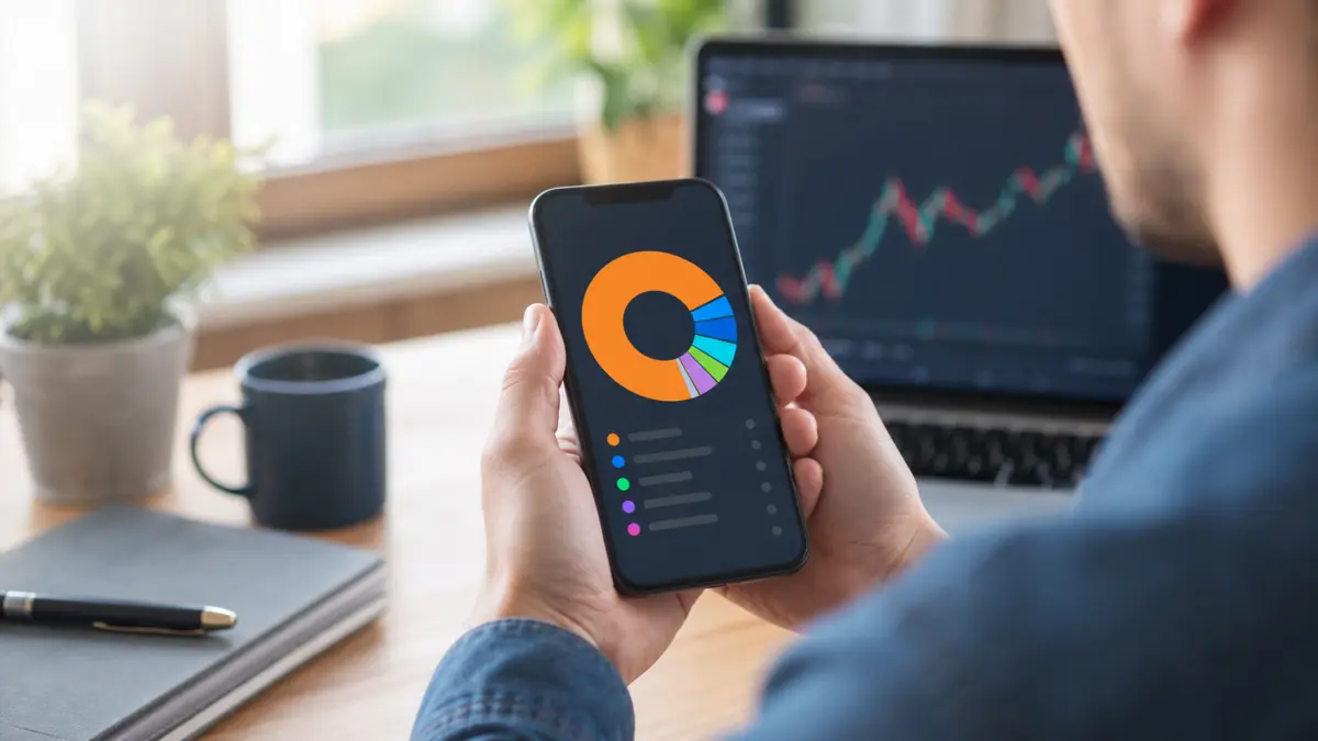 Smartphone mit Portfolio-Kreisdiagramm, bei dem der Bitcoin-Anteil deutlich größer ist als die Altcoin-Anteile.