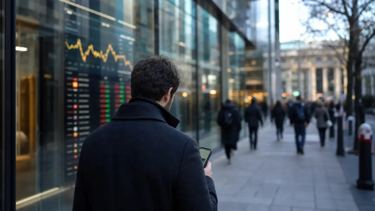 Anonymer Anleger betrachtet in einem Finanzviertel eine unscharfe Marktanzeige zur Dominanz von Bitcoin.