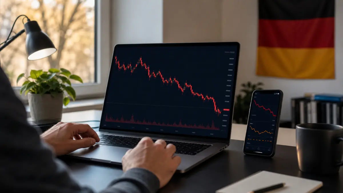 Deutscher Anleger verfolgt fallenden Bitcoin-Chart auf Laptop und Smartphone