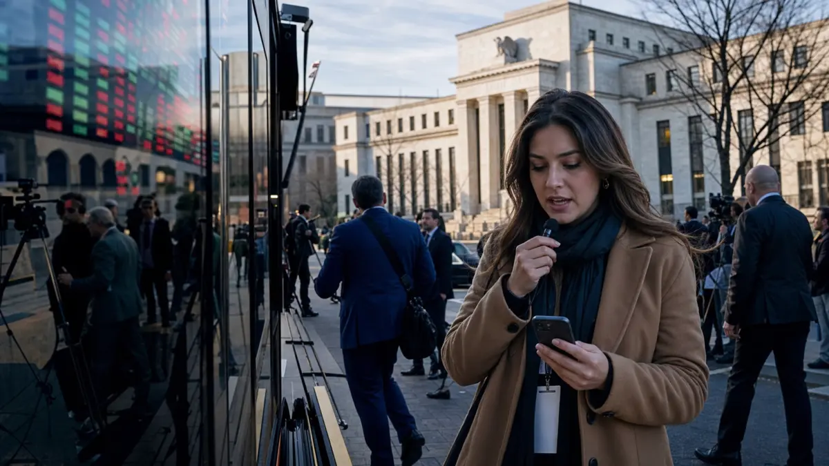 Finanzreporterin berichtet vor einem Zentralbankgebäude über Marktreaktionen nach einer Fed-Entscheidung.