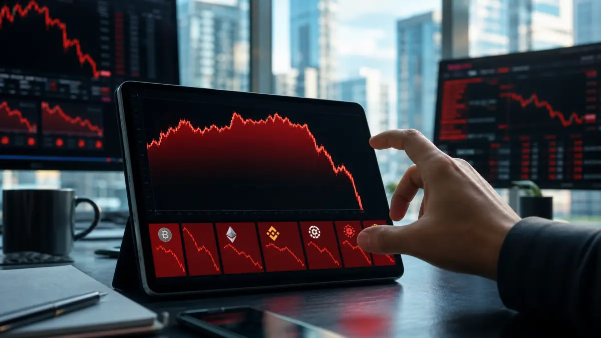 Tablet mit roten fallenden Kryptokursen und einer Hand vor dem Verkaufsbildschirm