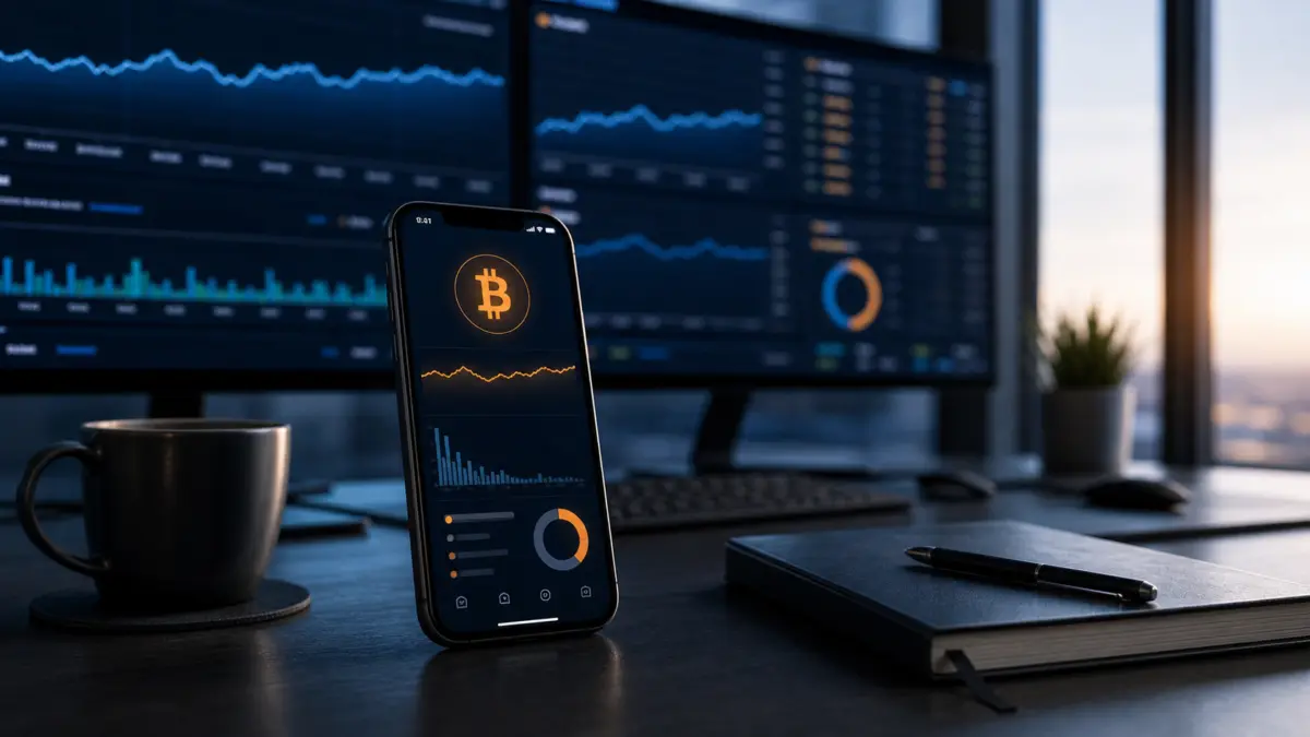 Smartphone mit Bitcoin-Dashboard vor ruhigen Handelsmonitoren