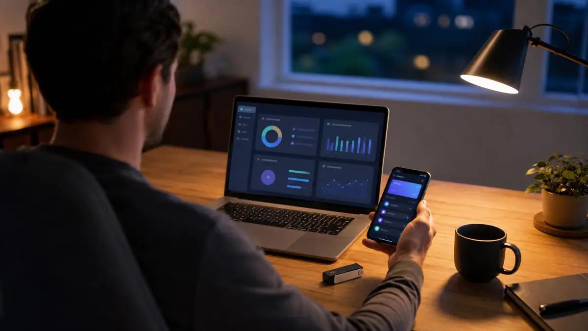 Anonymer Anleger vergleicht am Schreibtisch eine Krypto-Wallet mit einer digitalen Zahlungs-App auf Laptop und Smartphone