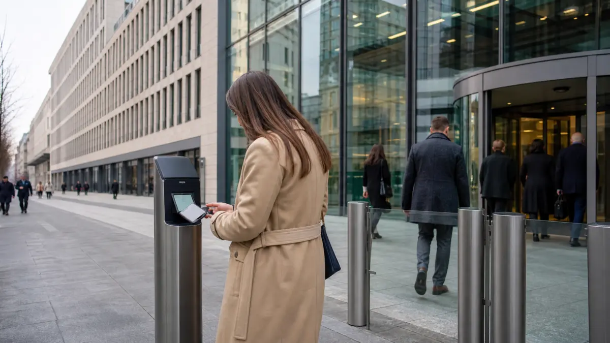 Anonyme Passantin nutzt kontaktloses Bezahlen vor einem modernen Finanzinstitut.