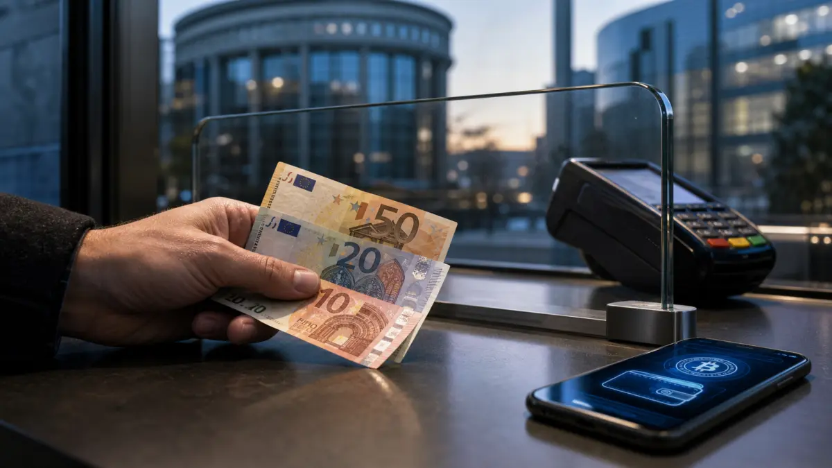 Hand mit Euro-Bargeld vor einer Glasbarriere, daneben Kartenterminal und Smartphone mit Krypto-Wallet