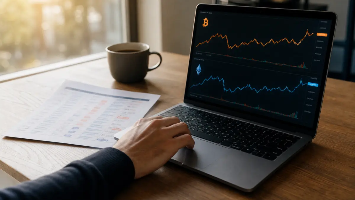 Laptop mit Bitcoin- und Ethereum-Charts auf einem Schreibtisch neben einem unscharfen Wirtschaftskalender.