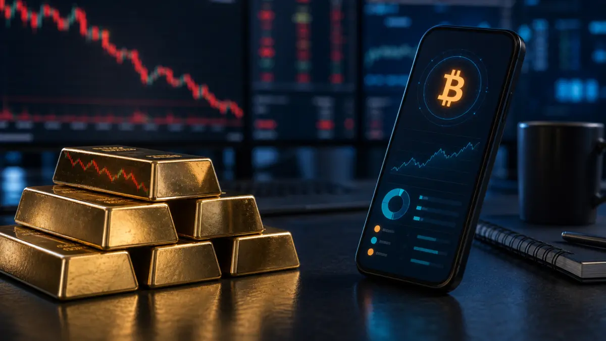 Goldbarren neben Smartphone mit Bitcoin-Anzeige vor Marktmonitoren
