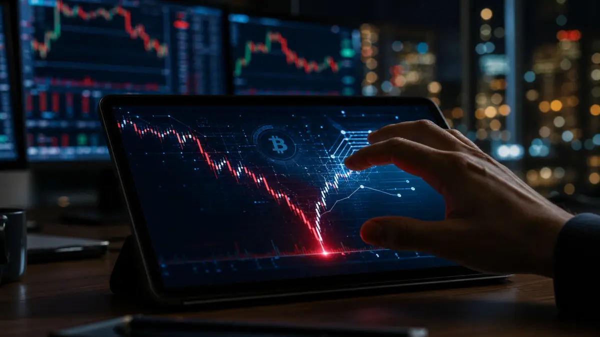 Tablet mit Bitcoin-Kurs, starkem Dip und Rebound sowie abstrakten KI-Handelslinien