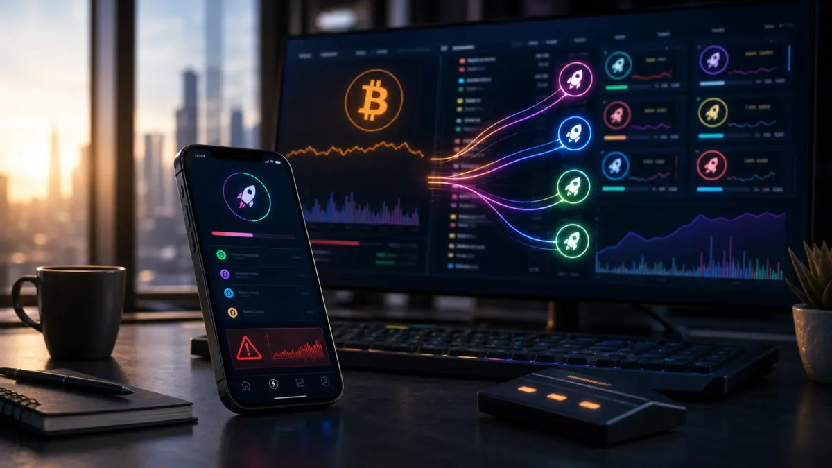 Smartphone mit Token-Launch-Dashboard vor Bitcoin- und Handelsmonitoren