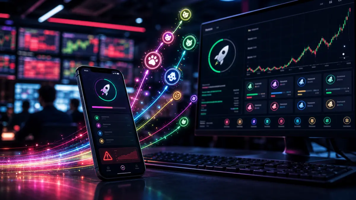 Smartphone mit Token-Launch-Oberfläche und neonfarbenen Hype-Kurven