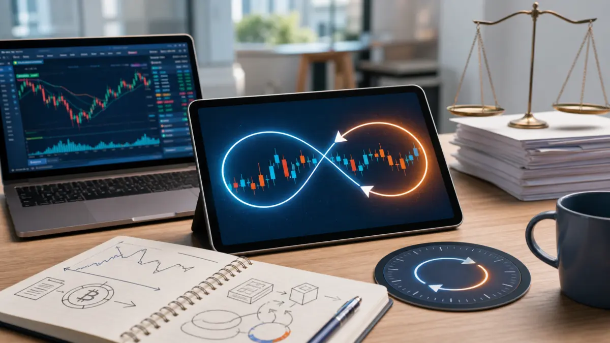 Lernszene zu Perpetual Futures mit Endlosschleife, Kurscharts, Notebook-Skizzen und regulatorischen Unterlagen.