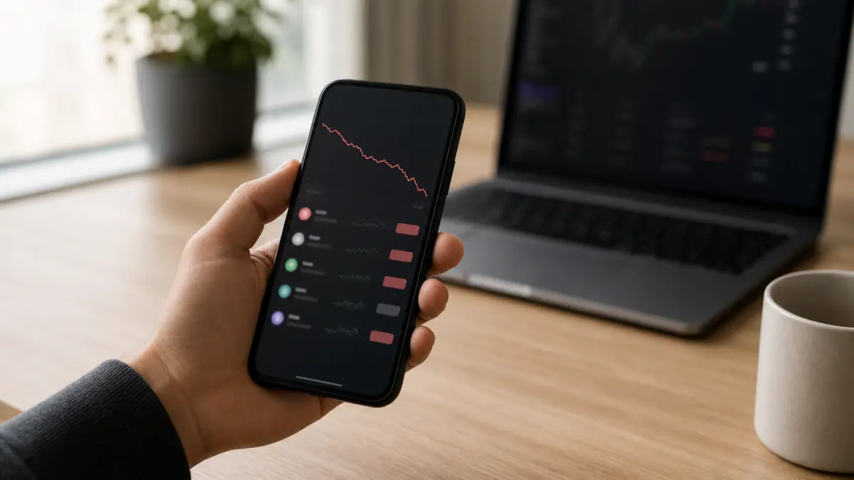 Smartphone mit fallendem Altcoin-Chart in einer Portfolio-App auf einem Schreibtisch.