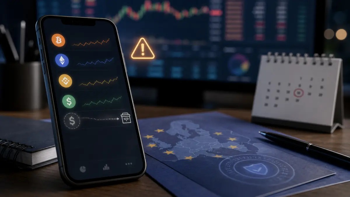 Smartphone mit Krypto-App, Warnsymbol und EU-Regulierungsdokument