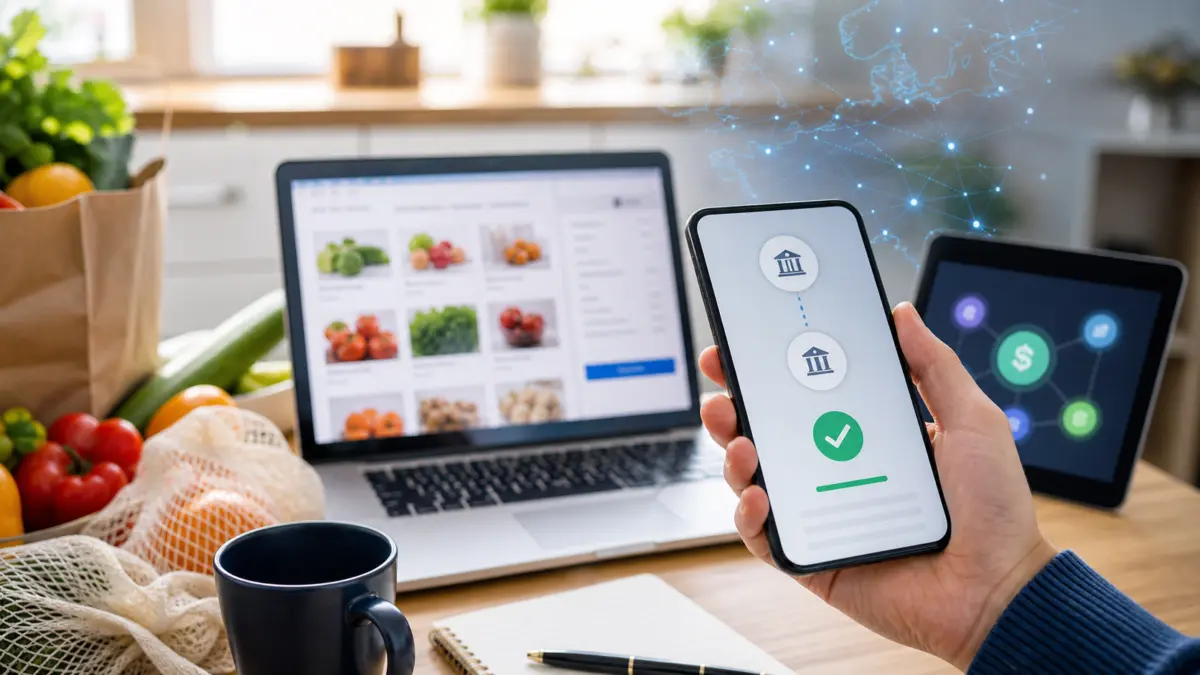 Smartphone mit abstrakter Echtzeit-Bankzahlung beim Online-Einkauf, daneben europäische Zahlungsnetzwerke und Krypto-Symbole.