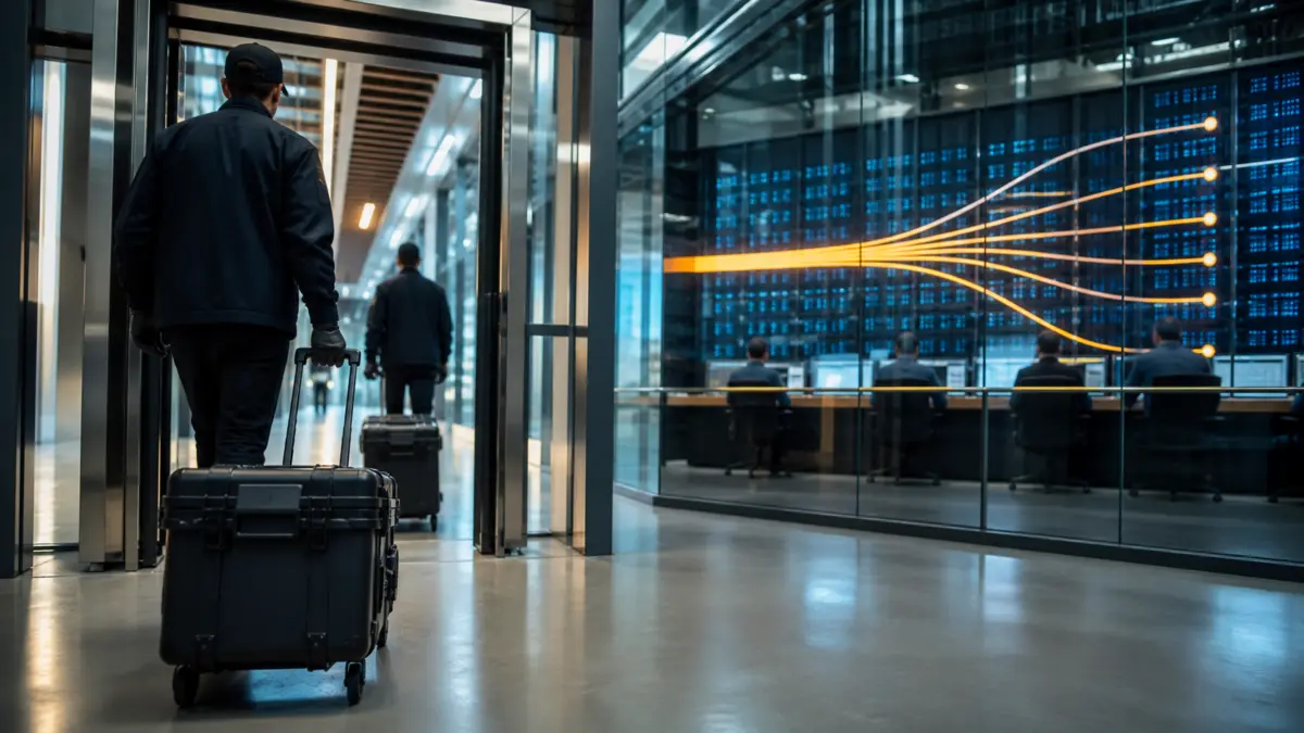 Anonyme Techniker bringen gesicherte Transportkoffer in eine institutionelle Verwahrstelle für digitale Vermögenswerte