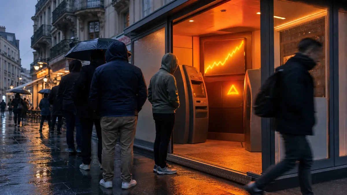Anonyme Passanten warten nach einer starken Kryptorallye vor einem beleuchteten Kryptogeldautomaten