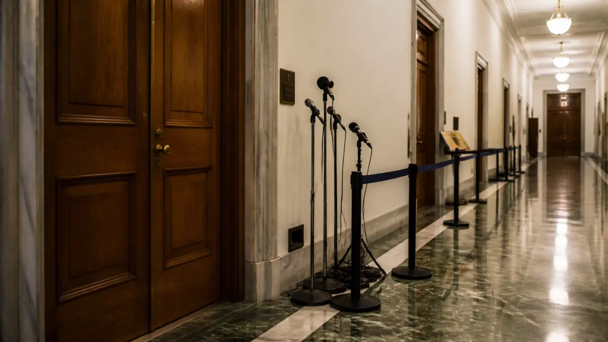 Leerer Flur vor einem US-Senats-Ausschussraum als KI-Symbolbild für stockende Krypto-Regulierung.